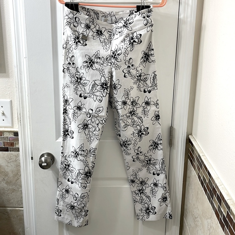 Lisette L dress pants. White w. black & grey floral, elastic waist. Size 10
